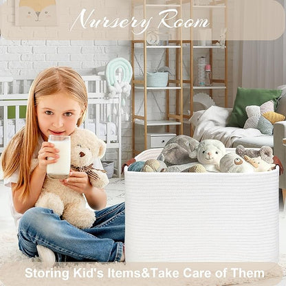 Large Cotton Rope Storage Basket with Leather Handles, Laundry Hamper Basket, 20 "L x 14" W x 12 "H, Durable & Stylish Organizer for Home.(Large White)