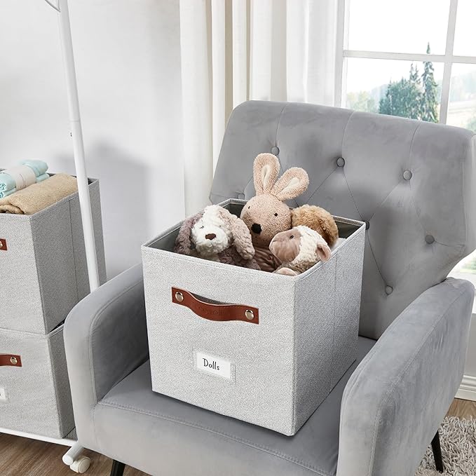 DECOMOMO Storage Bins, Cube Storage Bin with Labels, Fabric Storage Cubes for Shelves (11" / 6pcs, Light Texture Grey)