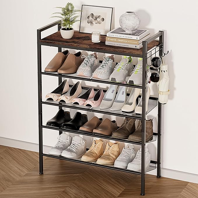 5 Tier Shoe Rack, Shoe Rack for Entryway with Hook, Shoe Organizer with Adjustable Mesh Shelves, Metal Shoe Storage, Closet, Bedroom Living Room Garage