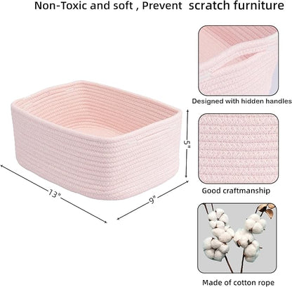 XUANGUO Small Woven Storage Baskets 13“X9”X5“ Decorative Rope Bins for Organizing Shelves, Closets, and Toys, Empty Gift Baskets, Cute Organizer Basket for Home and Office (pink, Large)
