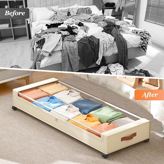 Yecaye Under Bed Storage with Wheels 2 Pack, 85 L Extra Large Under Bed Storage Containers with Metal Frame & Clear Lid, Rolling Underbed Organizer Bins Drawers for Clothes, Shoes, Blankets, Beige