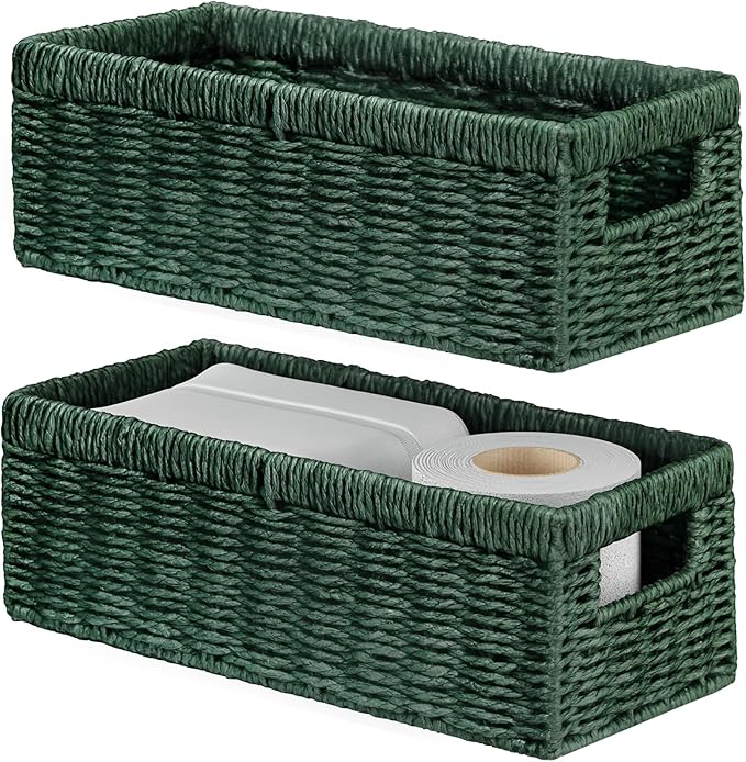 Vagusicc Wicker Storage Basket, Paper Rope Wicker Baskets with Handles, Toilet Paper Basket for Toilet Tank Top, Small Wicker Baskets for Organizing Shelves, 2-Pack, Green