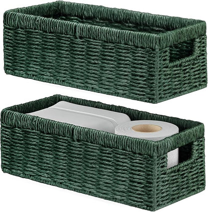 Vagusicc Wicker Storage Basket, Paper Rope Wicker Baskets with Handles, Toilet Paper Basket for Toilet Tank Top, Small Wicker Baskets for Organizing Shelves, 2-Pack, Green