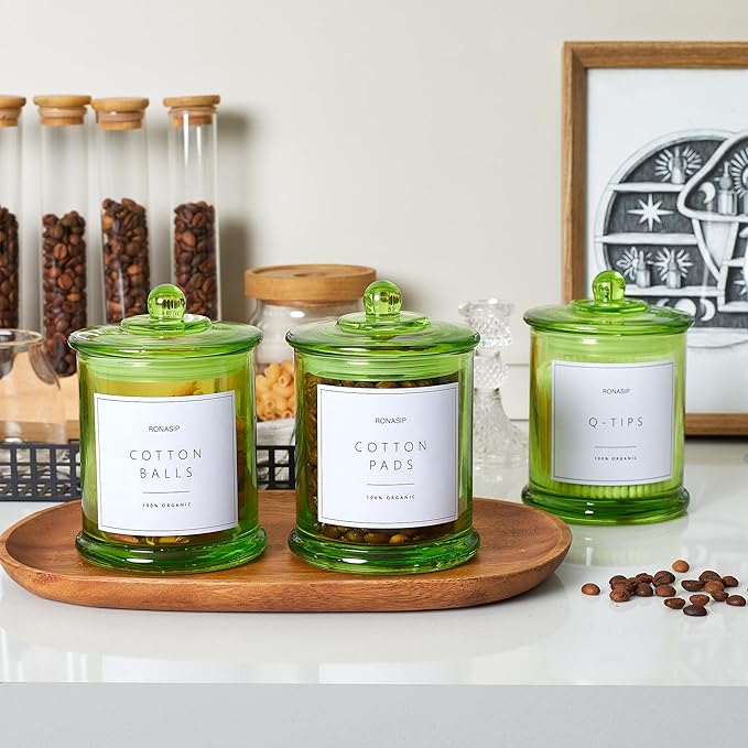 Ronasip 3 Pack Green Qtip Holder Dispenser, 16oz Bathroom Organizer and Storage Canisters, Glass Apothecary Jars with Lid - Home Decor, Room Decor Aesthetic