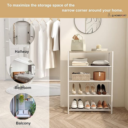 HOMEFORT 5-Tier Shoe Rack, Storage Shelf, Industrial Tower, Narrow Organizer for Closet Entryway, Small Table With Durable Metal Shelves, White Oak