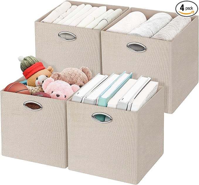 Posprica Storage Cubes, 12×12 Storage Bins, Fabric Drawers Organizer Basket, 4pcs, Beige