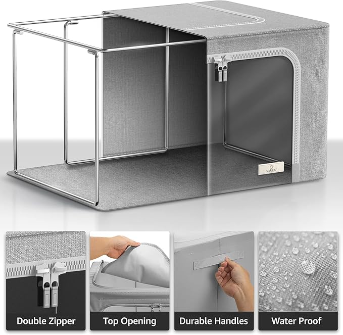 Storage Bins with Metal Frame - Stackable & Foldable Clothes Organizer Bags - Oxford Fabric Storage Containers with Large Clear Window & Carry Handles, Organization for Bedding, Linen, Clothes & More