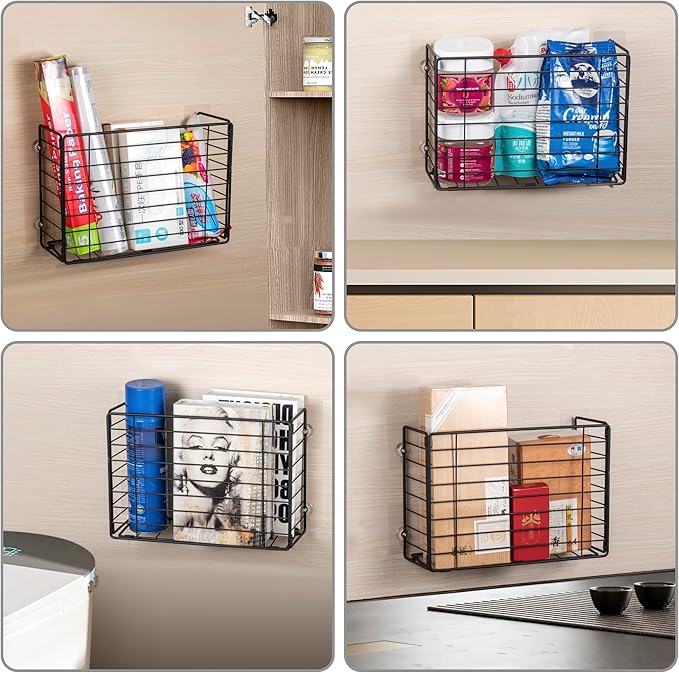 Lonian Wall Mounted Storage Basket, Black Metal Wire Kitchen Wrap Organizer Rack, Heavy Duty Hanging Basket for Cabinet Door, Pantry, Cutting Boards, Foil, and Cleaning Supplies