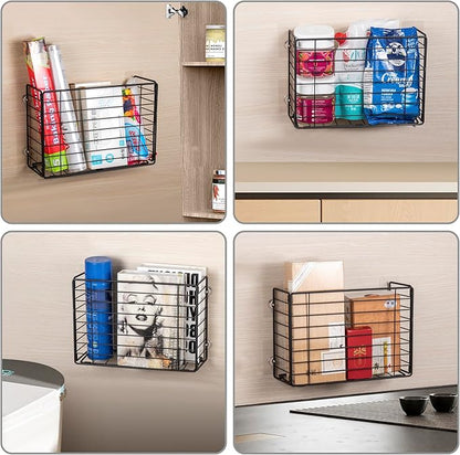 Lonian Wall Mounted Storage Basket, Black Metal Wire Kitchen Wrap Organizer Rack, Heavy Duty Hanging Basket for Cabinet Door, Pantry, Cutting Boards, Foil, and Cleaning Supplies