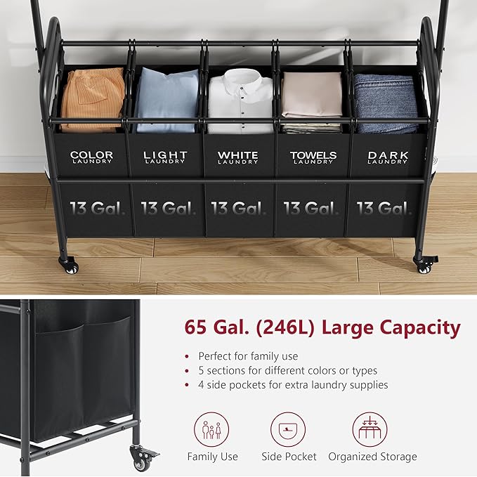 Tajsoon Laundry Sorter with Hanging Rack, 5 Sections Laundry Sorter with Lockable Wheels and Removable Bag, Removable Basket Organizer for Bedroom, Bathroom, Black