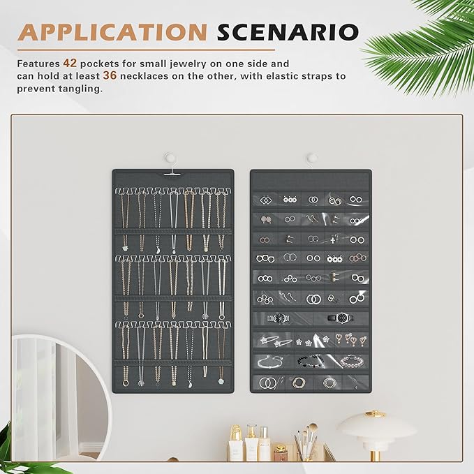 Hanging Jewelry Organizer Storage Roll, Double-Sided Necklaces Holder, 42 Pockets Plus 36 hooks Earrings Organizer Hang in Closet, On Wall, or Doors, Dark Gray