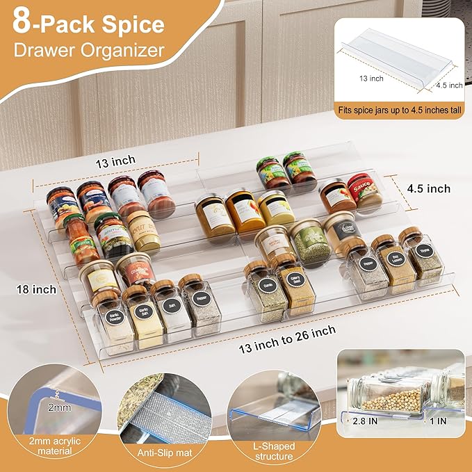 8-Pack Spice Drawer Organizer, Expandable Acrylic Seasoning Rack (13" to 26") with Anti-Slip Mat, Kitchen Spice Rack Holds up to 56 Jars (Jars Not Included)