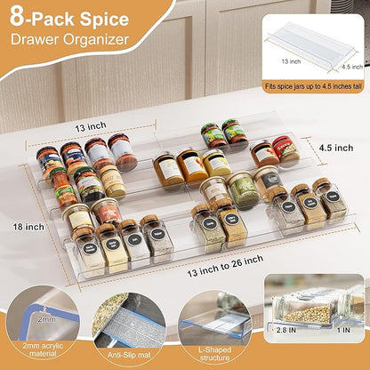 8-Pack Spice Drawer Organizer, Expandable Acrylic Seasoning Rack (13" to 26") with Anti-Slip Mat, Kitchen Spice Rack Holds up to 56 Jars (Jars Not Included)