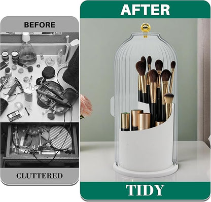Makeup Brush Holder with Lid Cosmetic Tools Organizer 360 Rotating Waterproof Dustproof Make Up Brushes Storage for Vanity Bathroom Countertop