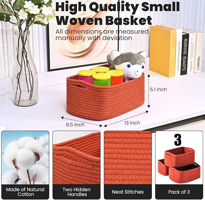 ICERZCZ Small Red Woven Baskets for Organizing, Basket for Gifts Empty, Cotton Rope Baskets for Storage, Organizer Bins for Organization, 13"×8.5"×5.1" (3 Packs) Brick Red