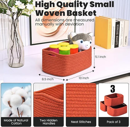ICERZCZ Small Red Woven Baskets for Organizing, Basket for Gifts Empty, Cotton Rope Baskets for Storage, Organizer Bins for Organization, 13"×8.5"×5.1" (3 Packs) Brick Red