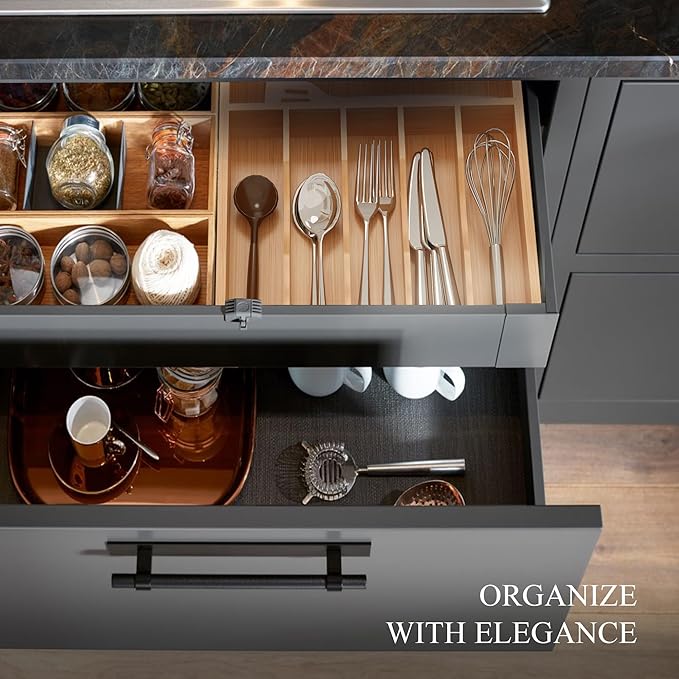 Silverware Organizer, Bamboo Kitchen Drawer Organizer, Utensil Holder, Cutlery Tray & Spoon Flatware Storage with Grooved Drawer Dividers (13''W x 17''D)