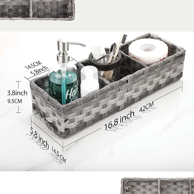 [Larger Compartments] Toilet Tank Topper Paper Basket - Multiuse Hand Woven Plastic Wicker Basket with Divider for Organizing, Rustic Farmhouse Bathroom Decor, Countertop Organizer Storage, Grey