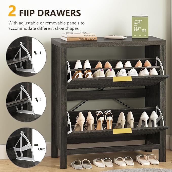 YOMILUVE Shoe Cabinet Storage for Entryway, Fluted Shoe Cabinet with 2 Flip Drawers, Hidden Shoe Rack Tall Freestanding Shoe Organizer with Legs for Hallway, Dark Gray