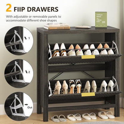 YOMILUVE Shoe Cabinet Storage for Entryway, Fluted Shoe Cabinet with 2 Flip Drawers, Hidden Shoe Rack Tall Freestanding Shoe Organizer with Legs for Hallway, Dark Gray
