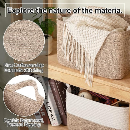 OIAHOMY Woven Storage Basket for Shelves, Rectangle Cotton Rope Baskets for Organizing, 13 x 10 x 9 in, Storage Bins for Dog Toys,Towel,Books,Gift,Brown