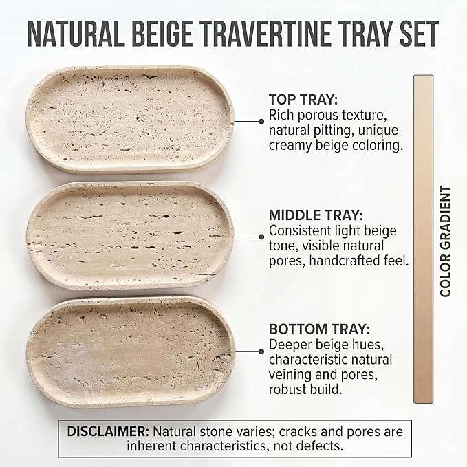 YKAJO Oval Real Marble Tray for Bathroom Kitchen Counter Stone Decorative Vanity Tray for Dresser Perfume Heavy Catchall Organizer for Soap Jewelry (Natural Travertine Beige, 11.8" x 5.9")