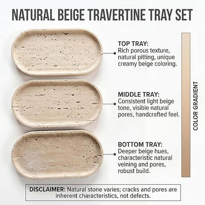 YKAJO Oval Real Marble Tray for Bathroom Kitchen Counter Stone Decorative Vanity Tray for Dresser Perfume Heavy Catchall Organizer for Soap Jewelry (Natural Travertine Beige, 11.8" x 5.9")