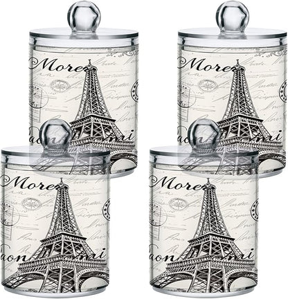 Apothecary Jars Bathroom Storage Organizer with Lid - 14 oz Qtip Holder Storage Canister, Paris Eiffel Tower Clear Plastic Jar for Cotton Swab, Cotton Ball, Floss Picks, Makeup Sponges,Hair Cl