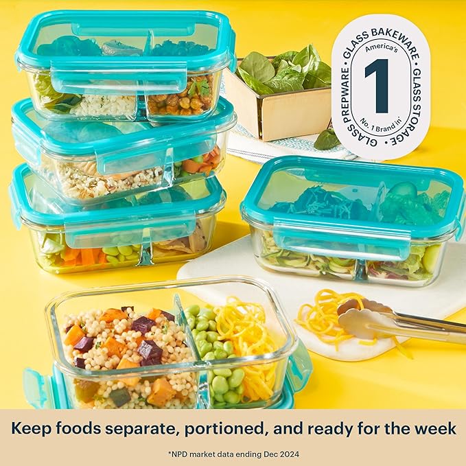 Pyrex Glass MealBox (5-Pack, 4 Cup) Divided Compartments with Locking Lids, For Meal Prepping and Portioning, BPA Free Microwave Dishwasher Safe