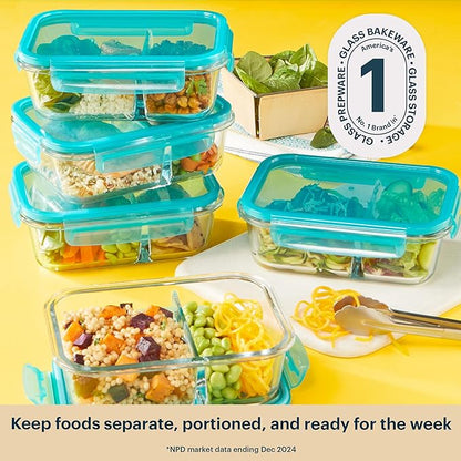 Pyrex Glass MealBox (5-Pack, 4 Cup) Divided Compartments with Locking Lids, For Meal Prepping and Portioning, BPA Free Microwave Dishwasher Safe