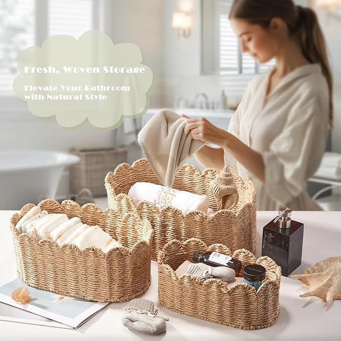 Scalloped Basket Set of 3, Wicker Storage Baskets - Hand-Woven Paper Rope Nursery Organizer for Diaper Caddy, Baby Toys & Shelves, Natural (16x10x7 Inch)