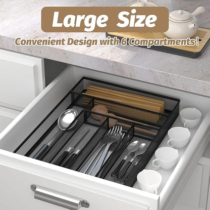 Sedegn Silverware Organizer Metal Mesh, Large Drawer Organizer, Utensil Cutlery Tray for kitchen drawers, Flatware Organizer with 6 Compartment, Black (11.3”*16“)