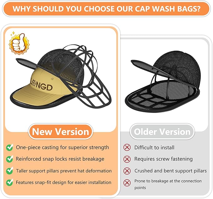 LONGD Hat Washer Cage with Snap Lock - Machine/Dryer Safe Compact Hat Cleaner for Baseball Caps & Storage