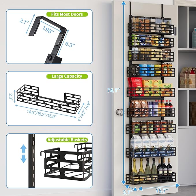 Over The Door Pantry Organizer, 9-Tier Pantry Organizers and Storage with Adjustable Basket, Hanging Spice Rack for Home & Kitchen, Laundry Room Bathroom, Black