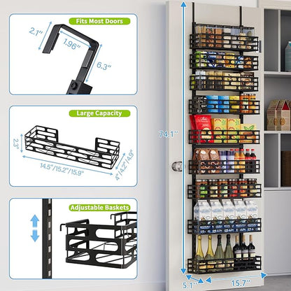 Over The Door Pantry Organizer, 9-Tier Pantry Organizers and Storage with Adjustable Basket, Hanging Spice Rack for Home & Kitchen, Laundry Room Bathroom, Black