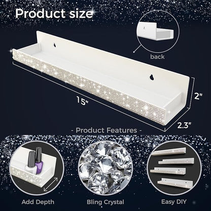 4 Pack 15 Inch Nail Polish Wall Rack，Diamond Crystal Rhinestone Acrylic Nail Polish Organizer，Sunglasses Essential Oil Picture Display Storage Wall Shelf