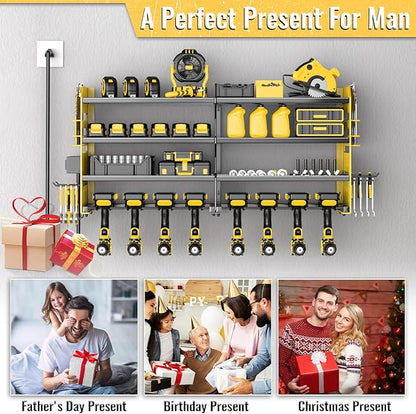 Power Tool Organizer Wall Mount with Charging Station,4 Layer Heavy Duty Metal Storage Rack with 8 Cordless Drill Holder,Battery Utility Rack Gift for Garage workshops Room(Yellow)