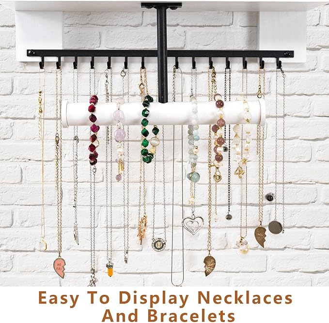 Pinzoveco Hanging Jewelry Organizer Wall Mounted With Wall Jewelry Organizer Holder For Necklaces Bracelet Earrings Ring (White)