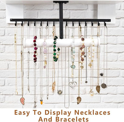 Pinzoveco Hanging Jewelry Organizer Wall Mounted With Wall Jewelry Organizer Holder For Necklaces Bracelet Earrings Ring (White)