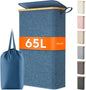 Lifewit 65L Slim Laundry Hamper with Lid, Narrow Laundry Basket with Removable Bag & Bamboo Handles, Fodable Thin Dirty Clothes Hamper for Laundry Collapsible Bin for Bathroom Bedroom Dorm, Dark Blue