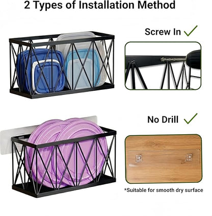 4 Pack Cabinet Door Organizer, Adhesive Inside Cabinet Door Storage for Kitchen Bathroom, Lid Organizer Compatible with Tupperware Pyrex, Wall Mounted Basket for Pantry Under Sink, Black