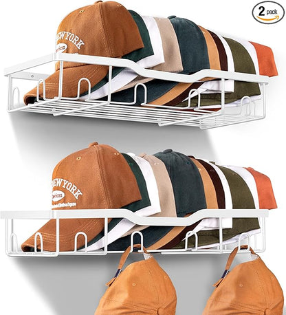 KEETDY Metal Hat Racks for Baseball Caps Wall Hat Organizer Fit 20 Caps Holder, 2 Packs Sturdy Wall Mounted Hat Storage Organizer, White