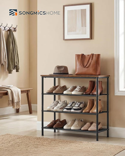 SONGMICS HOME 4-Tier Shoe Rack, Free Standing Shoe Storage Organizer, 12 x 29.7 x 28.2 Inches, Metal Frame with Top Surface for Closet Entryway, Rustic Brown and Black