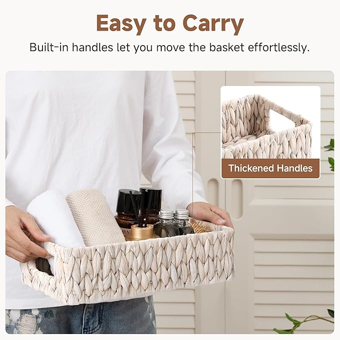 StorageWorks Wicker Toilet Paper Basket for Back of Toilet Baskets, Water Hyacinth Bathroom Basket Organizer and Storage for Tank Topper, Small Tank Trays for Decor with Built-in Handles, White