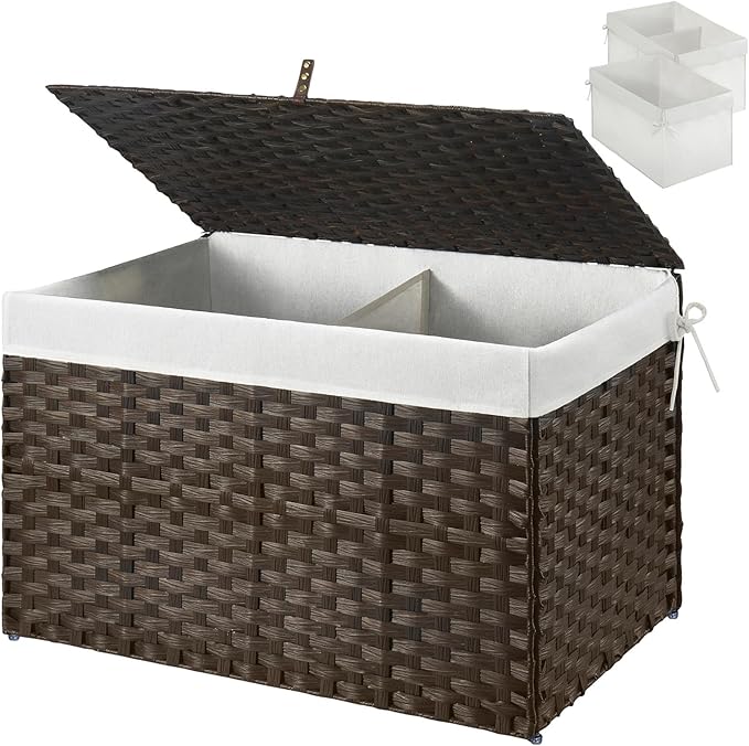 GREENSTELL Storage Basket with Lid, 27.7 Gallon(105L) Lagre Wicker Blanket Storage Basket with Handles, Foldable, 2 Removable Liner Bags, Metal Frame, for Bedroom, Laundry Room, Brown
