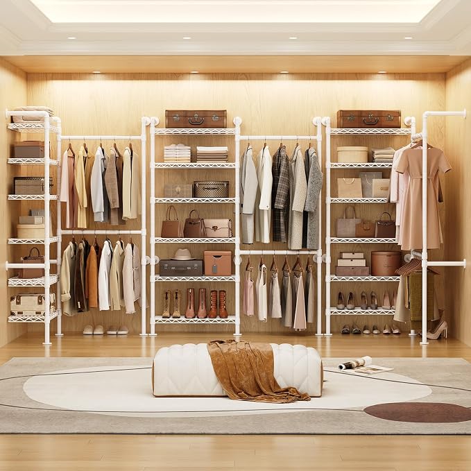Wall Mounted Garment Rack, Walk-in Closet System with Expandable Rods, Adjustable Shelves, Industrial Pipe Clothing Racks, Hanging Clothes Organizers and Storage, Metal Closet Shelving Wardrobe