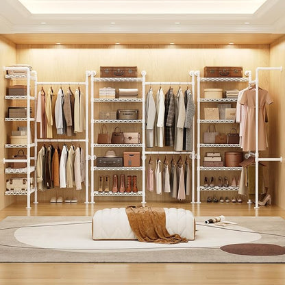 Wall Mounted Garment Rack, Walk-in Closet System with Expandable Rods, Adjustable Shelves, Industrial Pipe Clothing Racks, Hanging Clothes Organizers and Storage, Metal Closet Shelving Wardrobe