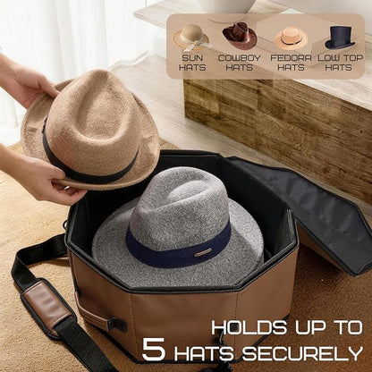 WERNNSAI Hat Storage Box for Cowboy & Wide BrimHats, OctagonalHat PU Leather Travel Case with Elastic Straps,Carry Handle Detachable Shoulder Strap,Dustproof, Travel & Home Closet Storage, Brown