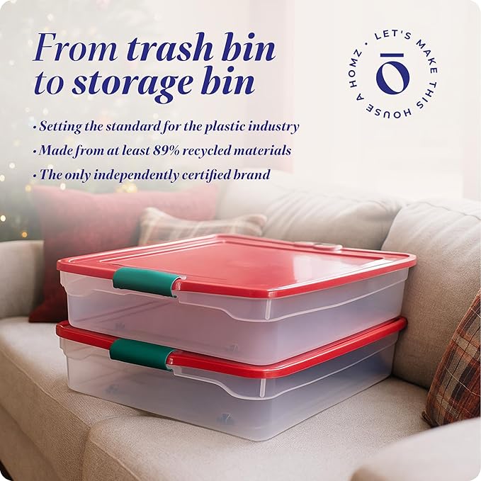 HOMZ 60-Quart Holiday Plastic Underbed Storage Bins with Red Latching Lids, Secure Clear Rolling Storage for Home Organization, 2 Pack, Green Latches