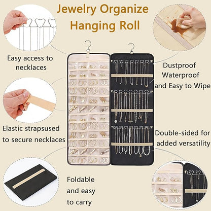 2 Pack Travel Jewelry Organizers and Storage Set: One with 48 Pockets for Earring & Ring, One with 43 Large Pockets for Bracelets & Watches, Hanging Storage Roll with Hanger for Closet Wall